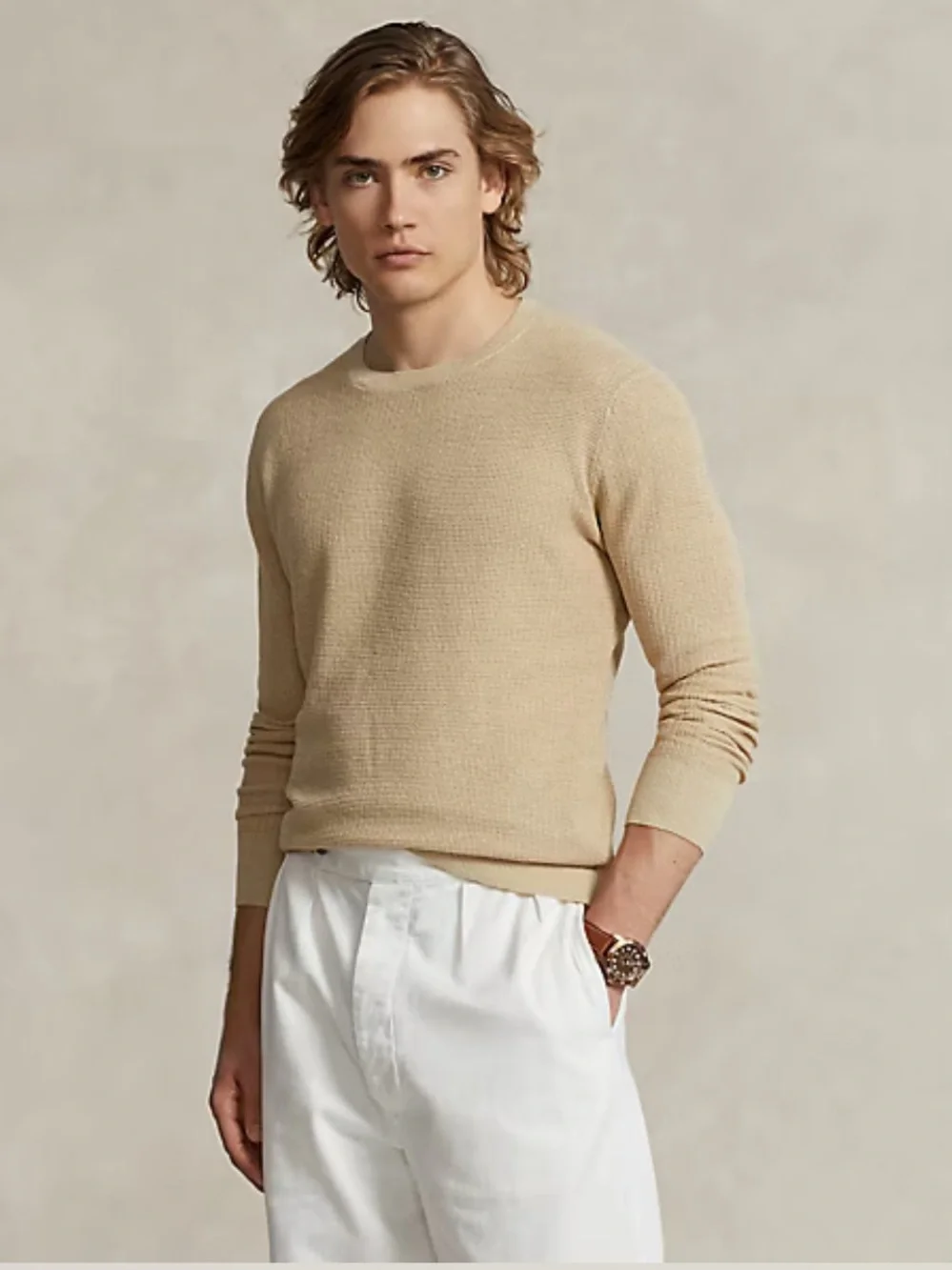 Polo Ralph Lauren Textured Linen Crewneck Sweater L Beige Tan Old Money Coastal